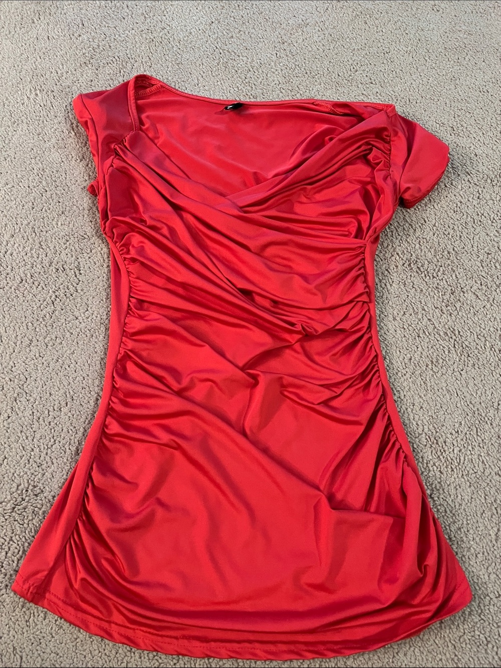 Red Ruched V-Neck Satin-Look Women's Blouse Size Large